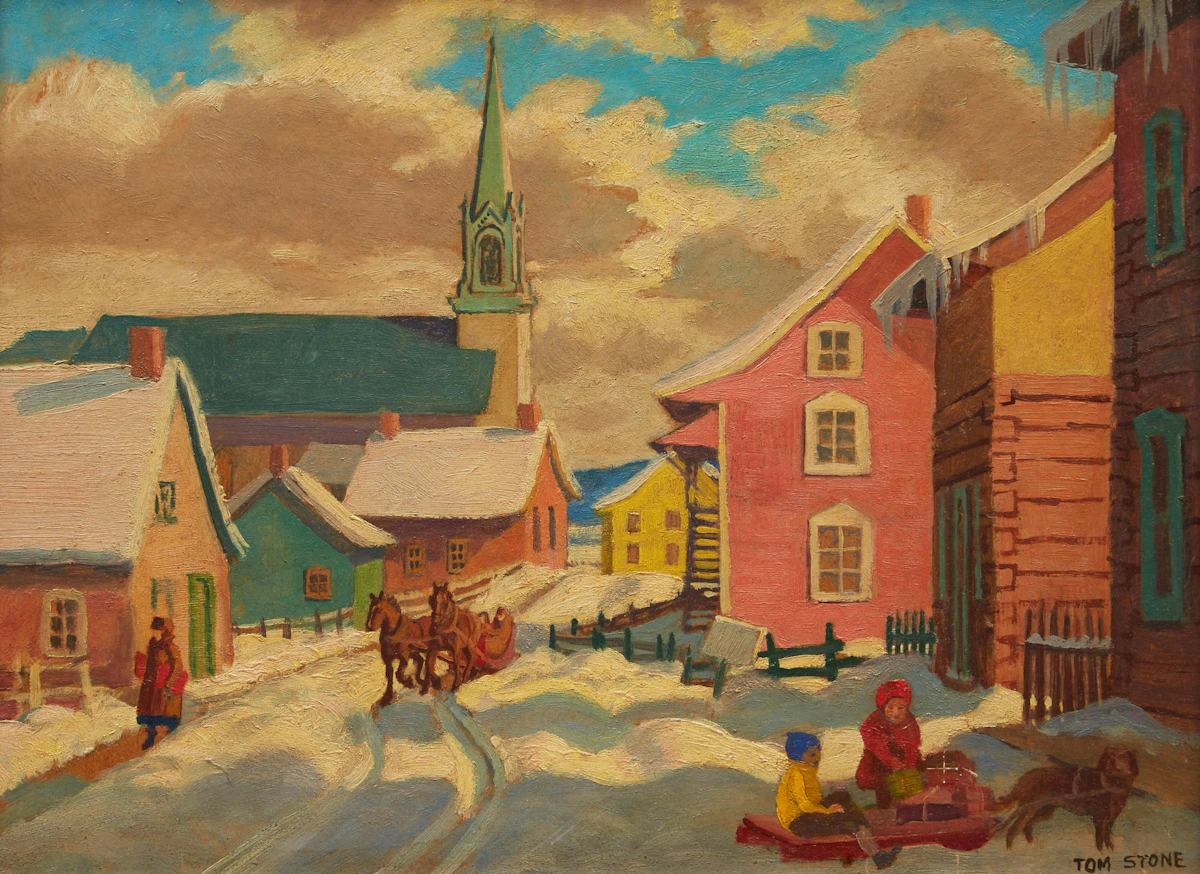 Thomas Albert Stone, St. Urbaine, Church; St. Urbaine, Street, two oil paintings