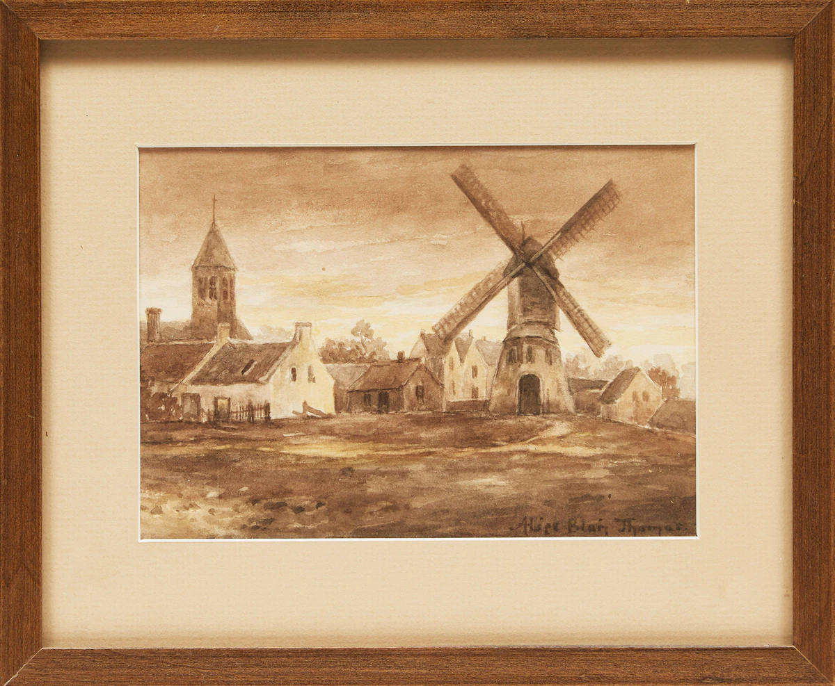 Alice Blair Pollard Thomas, Fishing Boat; Green Trees; Windmill, three watercolours