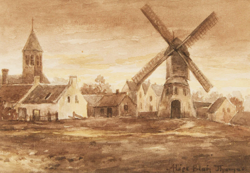 Alice Blair Pollard Thomas, Fishing Boat; Green Trees; Windmill, three watercolours - view 2