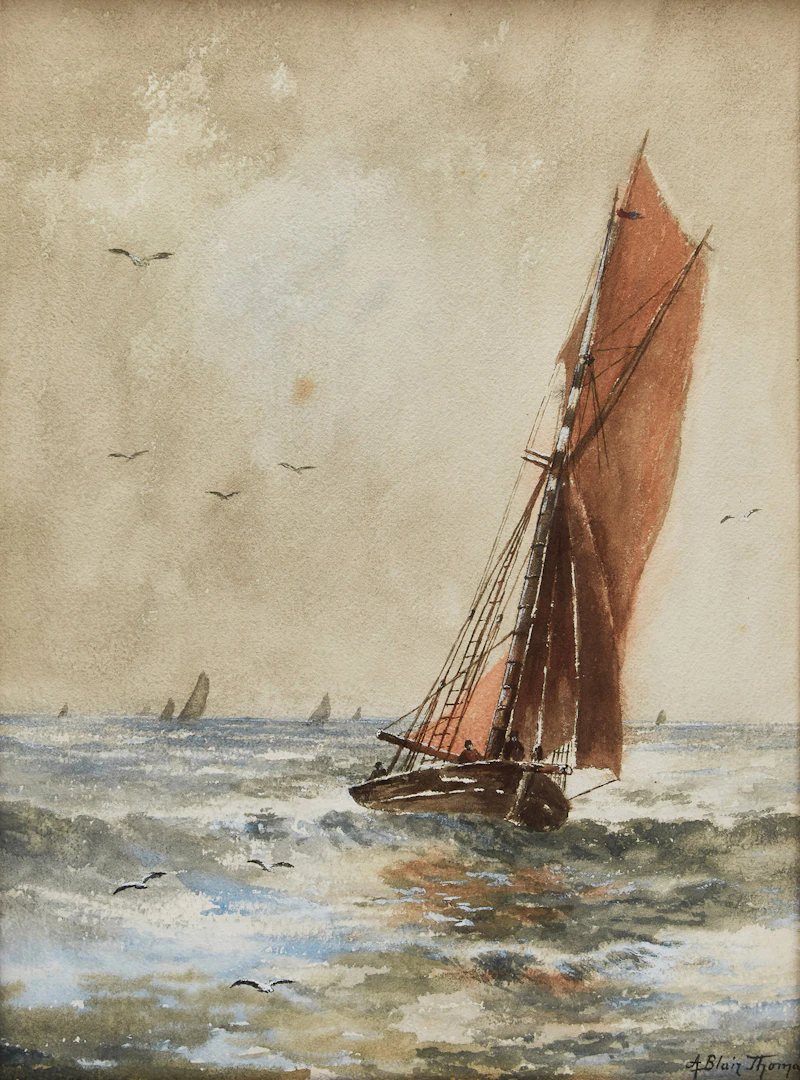 Alice Blair Pollard Thomas, Fishing Boat; Green Trees; Windmill, three watercolours - view 4