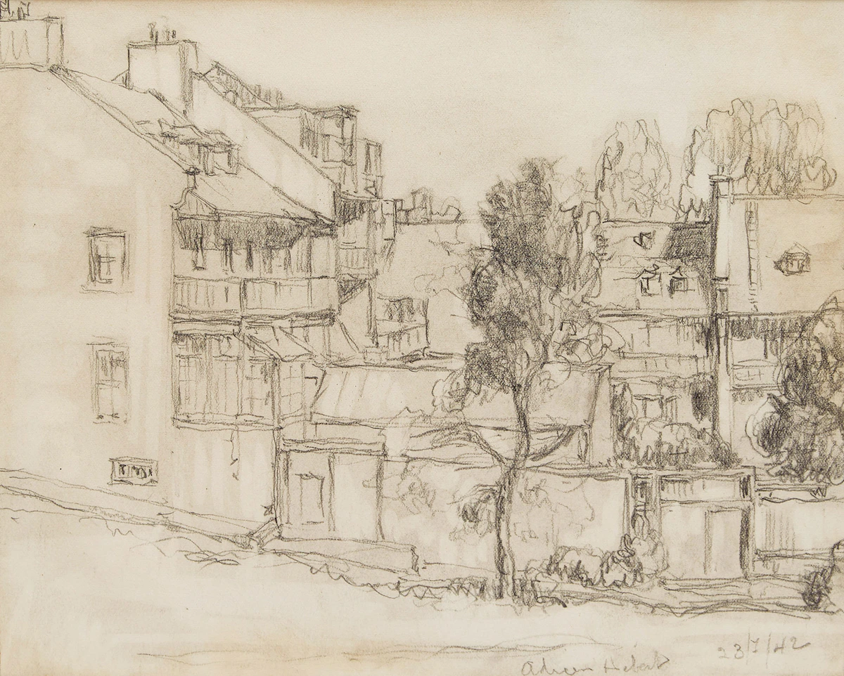 Adrien Hébert, Village Scene, pencil drawing