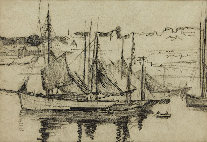 Robert Wakeham Pilot, Harbour Scene with Sailboats, graphite drawing - view 1