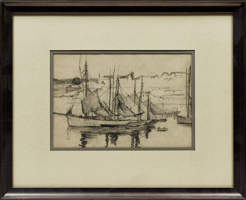 Robert Wakeham Pilot, Harbour Scene with Sailboats, graphite drawing - view 2
