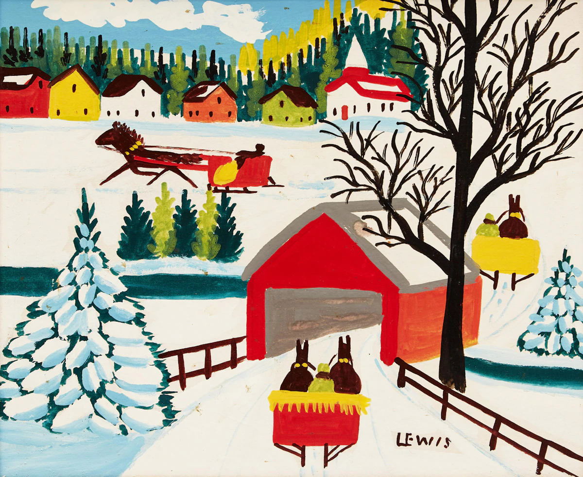 Maud Lewis, Winter Landscape with Covered Bridge, mixed media on board