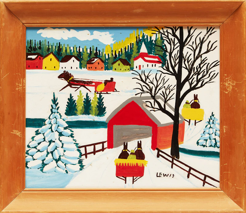 Maud Lewis, Winter Landscape with Covered Bridge, mixed media on board - view 2