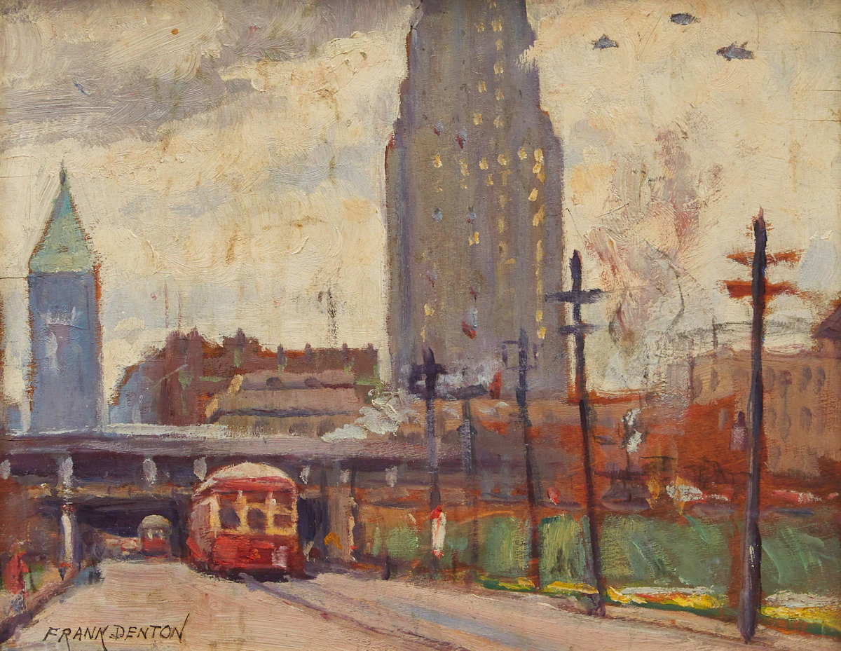 Frank Denton, View Looking North on York Street, Toronto, oil on board