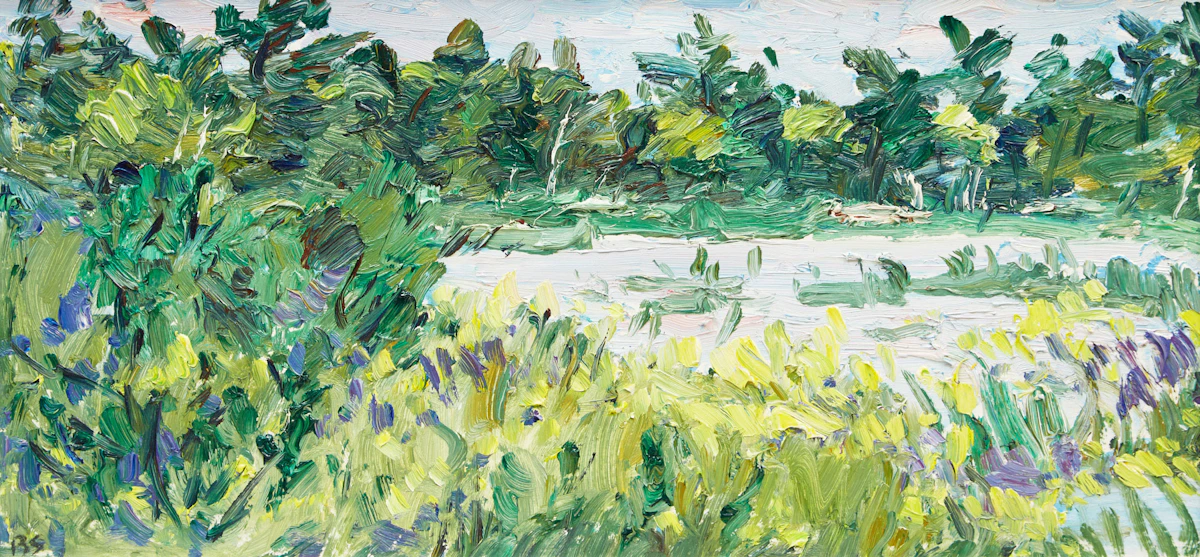 Bruce Steinhoff, Lakeshore with Yellow Flowers, oil on board, 1995
