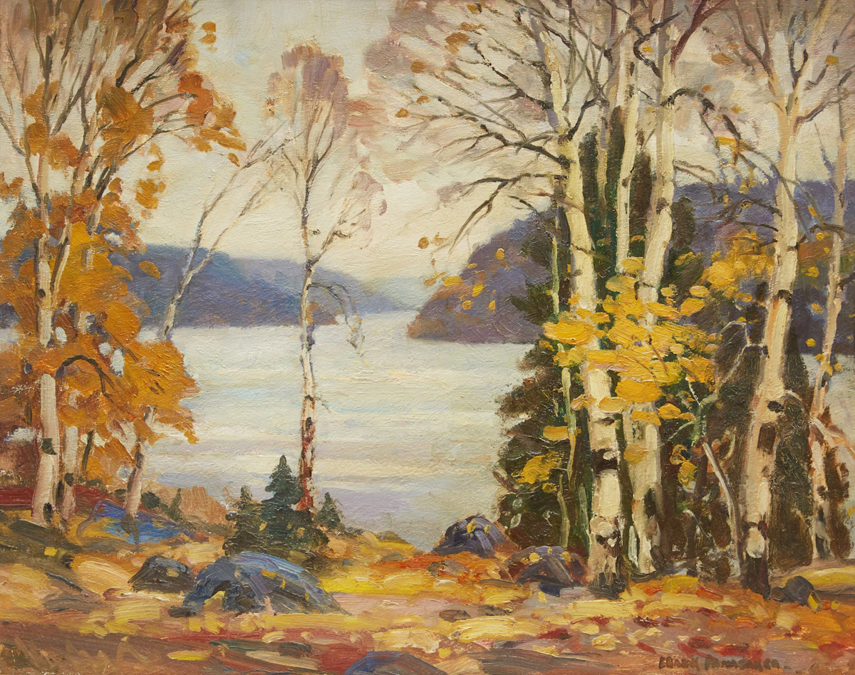 Frank Shirley Panabaker, Birch Trees and Lake, oil on masonite