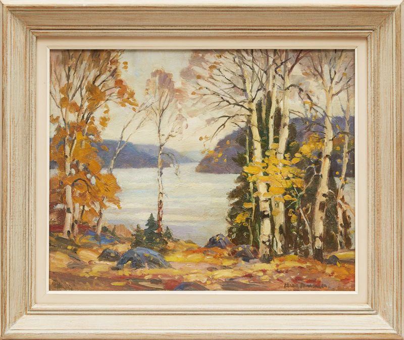 Frank Shirley Panabaker, Birch Trees and Lake, oil on masonite - view 2