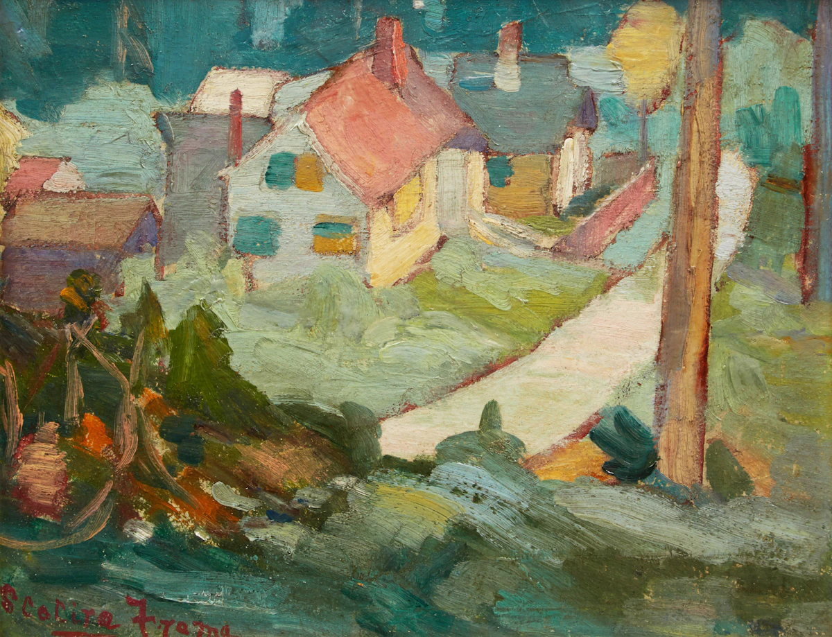 Statira E. Frame, Village Scene, oil on board