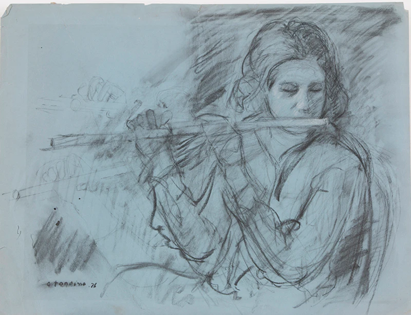 Gentile Tondino, Girl Playing Flute; Bathing, assorted media on paper (2) - view 2