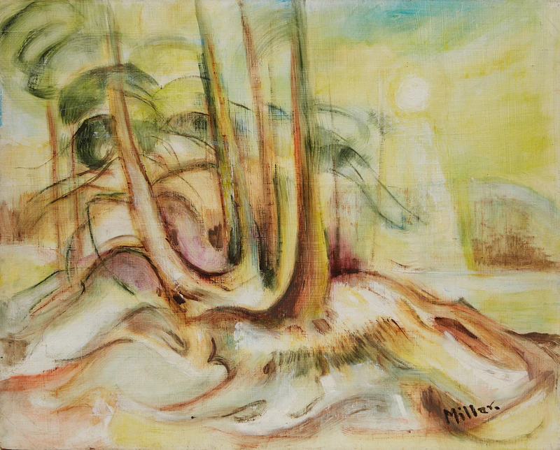 Alexander Samuel Millar, Bernice; Island Landscape; Tree Trunks in a Sunny Haze, three oils on board - view 5