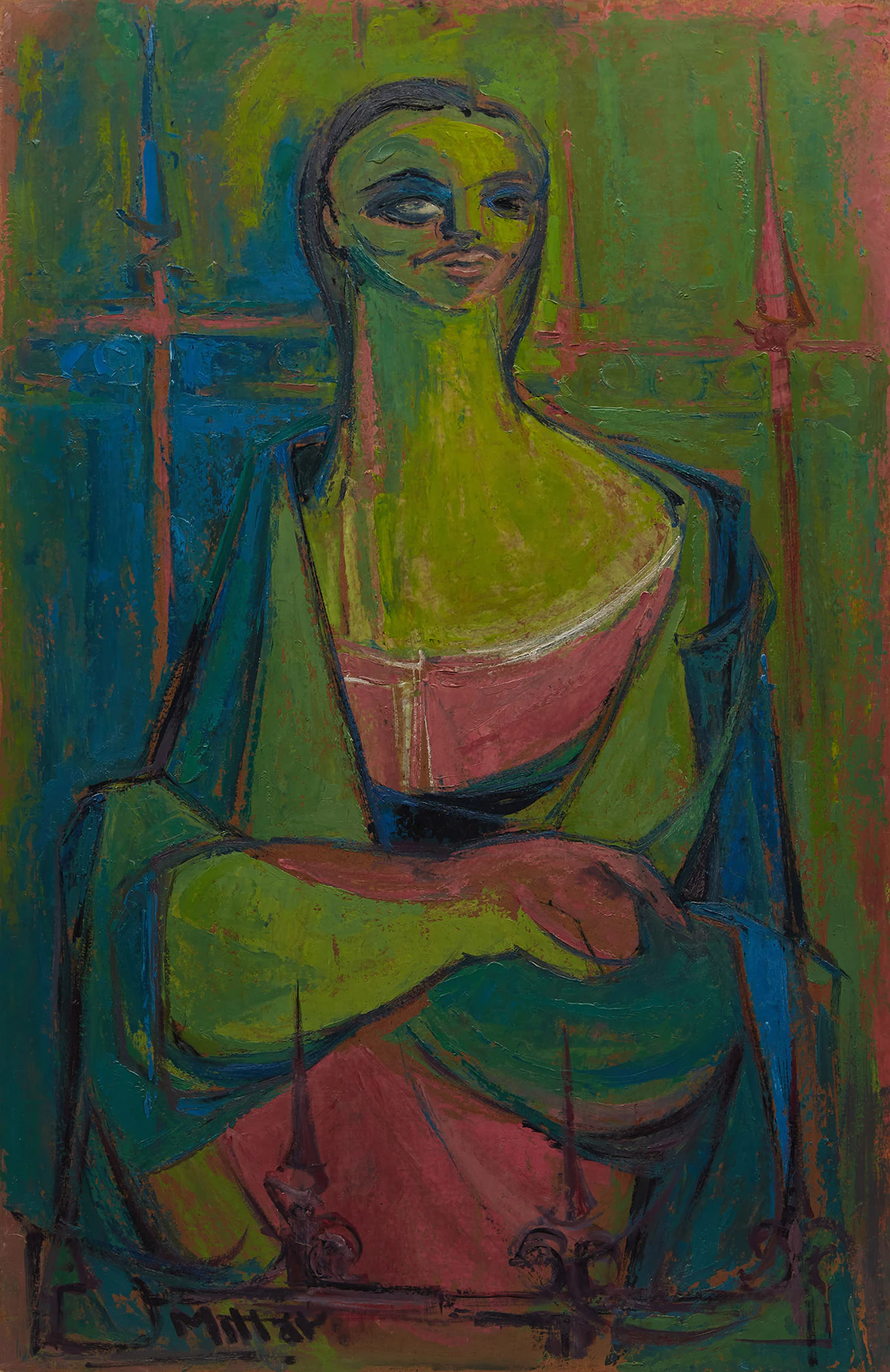 Alexander Samuel Millar, Portrait in Blues, Greens and Pinks; Sunflowers; Dark Thistle, three oils on board