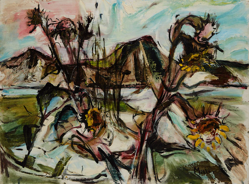 Alexander Samuel Millar, Portrait in Blues, Greens and Pinks; Sunflowers; Dark Thistle, three oils on board - view 3