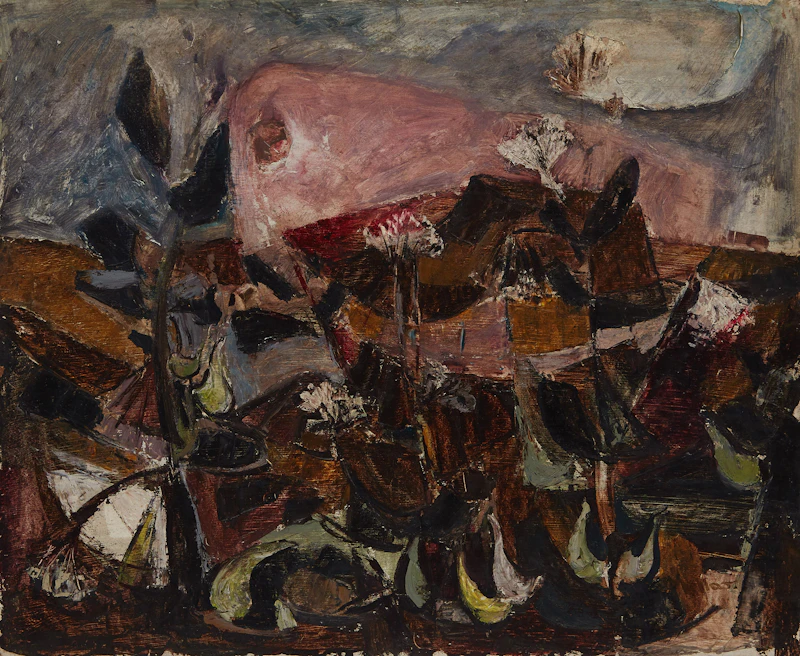 Alexander Samuel Millar, Portrait in Blues, Greens and Pinks; Sunflowers; Dark Thistle, three oils on board - view 5
