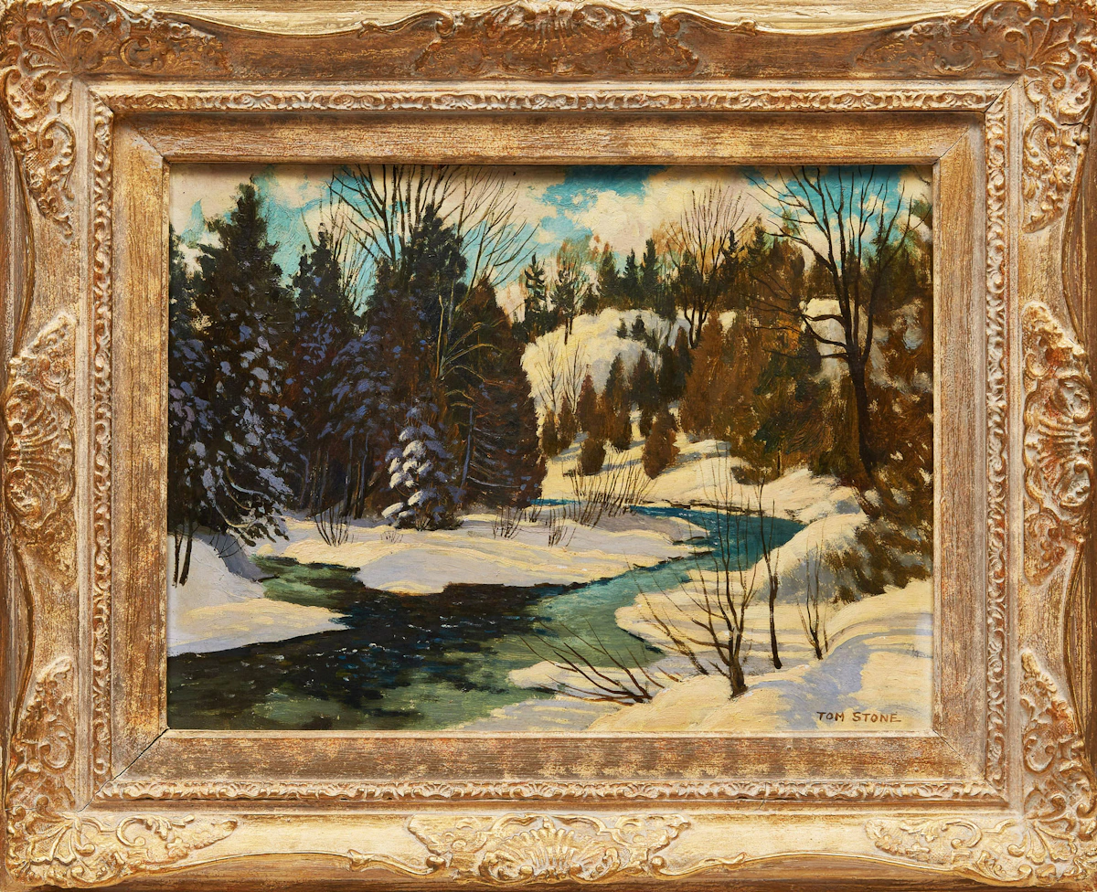 Thomas Albert Stone, Credit Forks Hill; Melting Ice, Credit River; Goucester, Mass - Fishing Boats, three oil paintings