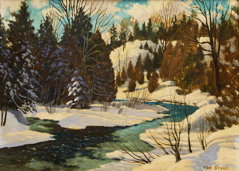Thomas Albert Stone, Credit Forks Hill; Melting Ice, Credit River; Goucester, Mass - Fishing Boats, three oil paintings - view 2