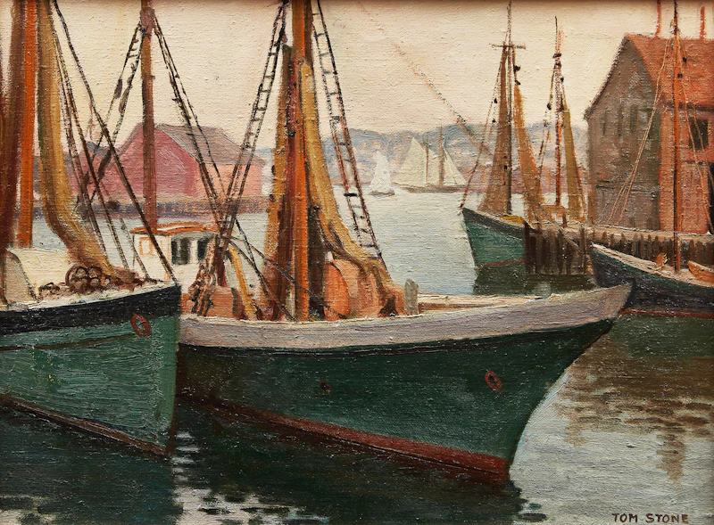 Thomas Albert Stone, Credit Forks Hill; Melting Ice, Credit River; Goucester, Mass - Fishing Boats, three oil paintings - view 4