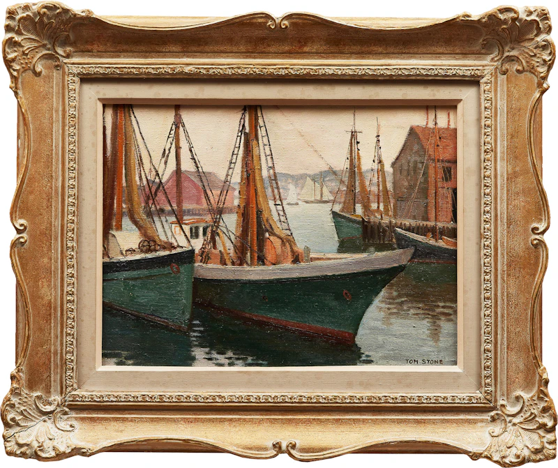 Thomas Albert Stone, Credit Forks Hill; Melting Ice, Credit River; Goucester, Mass - Fishing Boats, three oil paintings - view 5