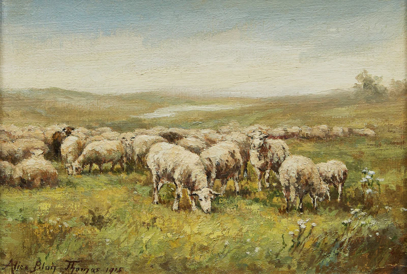 Sunset (1918); Leaving the Village (1915); Farm House; Grazing Sheep (1915) by Alice Blair Pollard Thomas