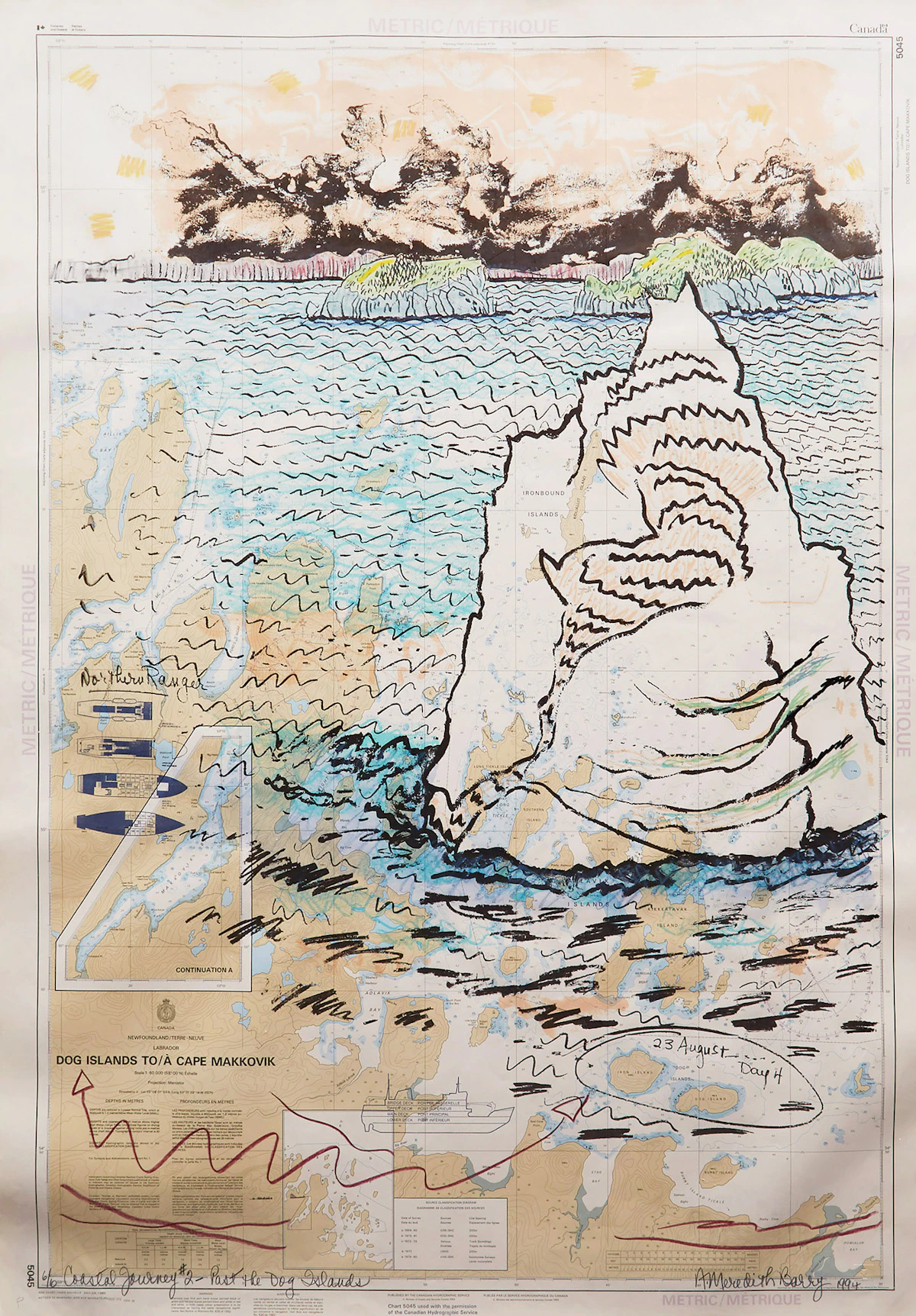 Anne Meredith Barry, Coastal Journey #2- Past the Dog Islands, silkscreen on landmark marine chart, 1994