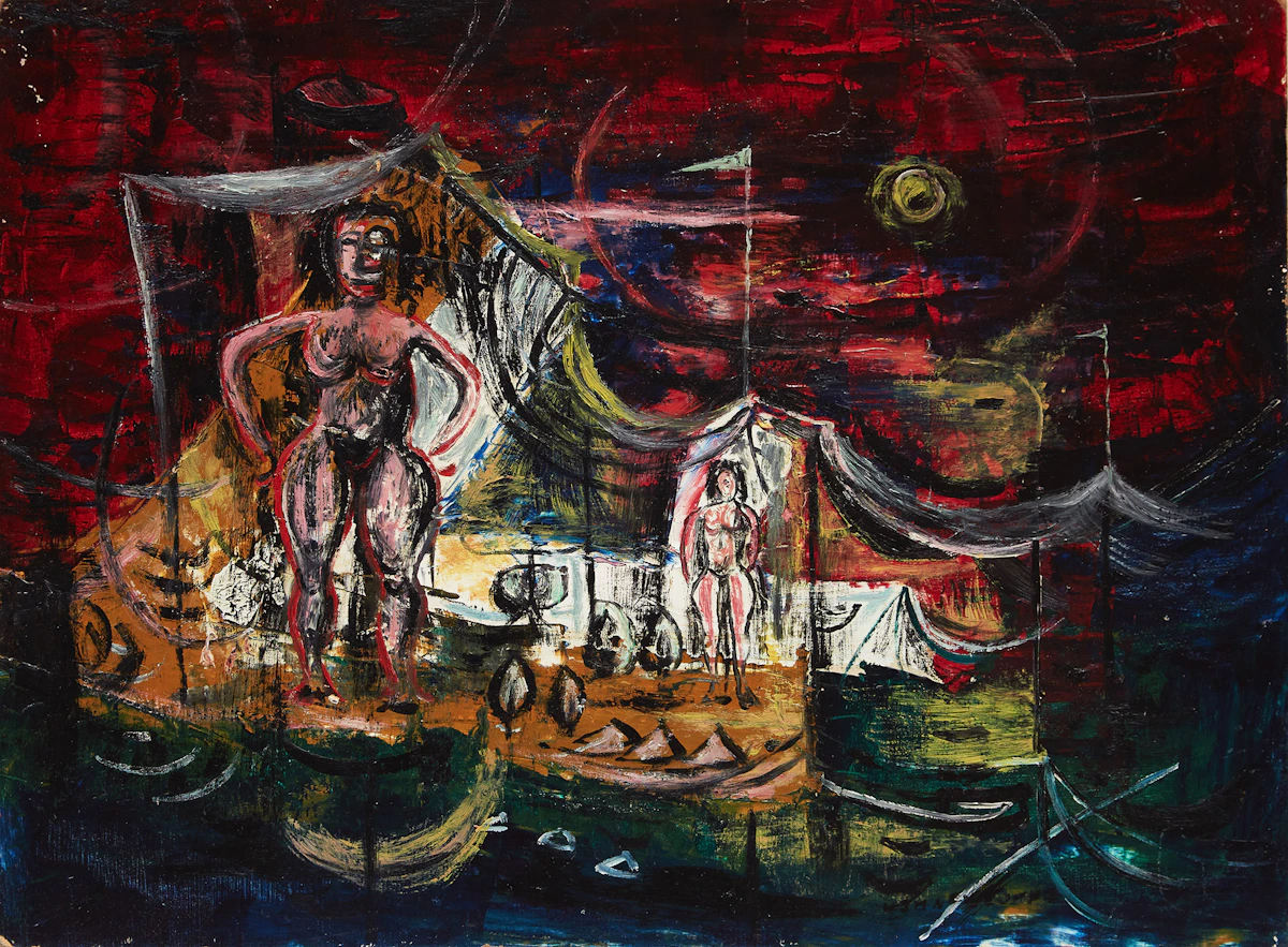 William John Bertram Newcombe, Ladies in Tents, oil on board, 1954