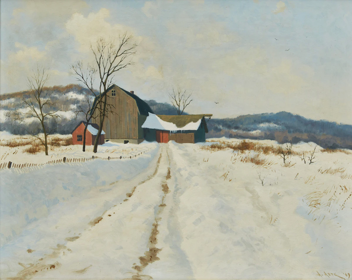 Alexis Arts, Barns, Eastern Townships, oil on board, 1969