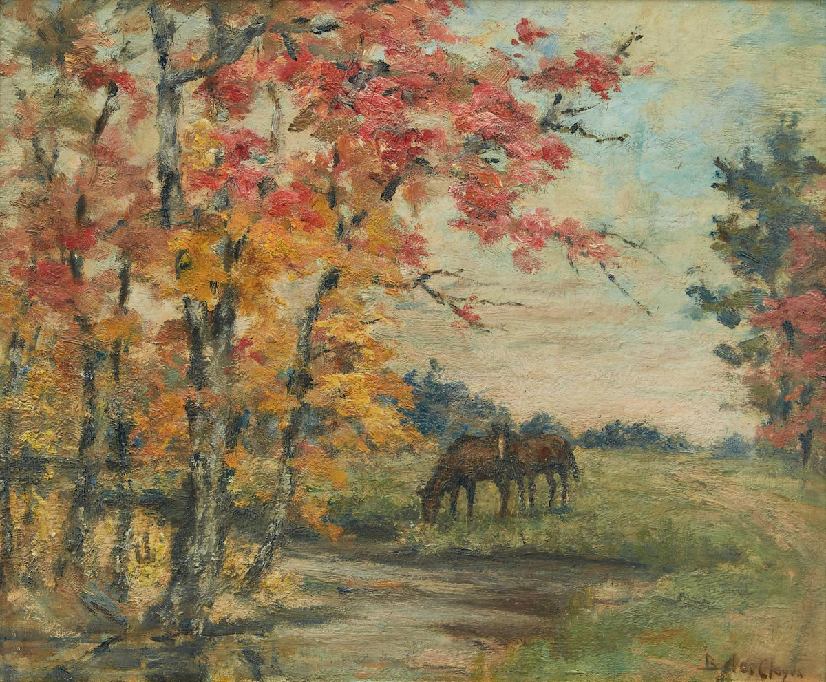 Berthe Des Clayes, Horses by the Stream, Autumn, oil on canvas board