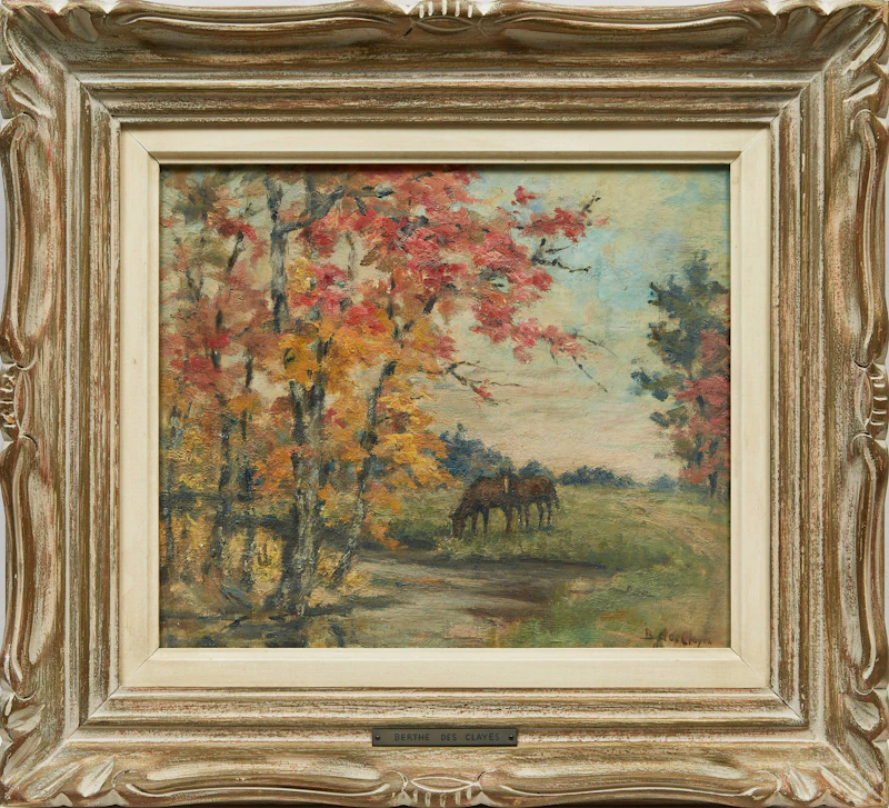 Berthe Des Clayes, Horses by the Stream, Autumn, oil on canvas board - view 2