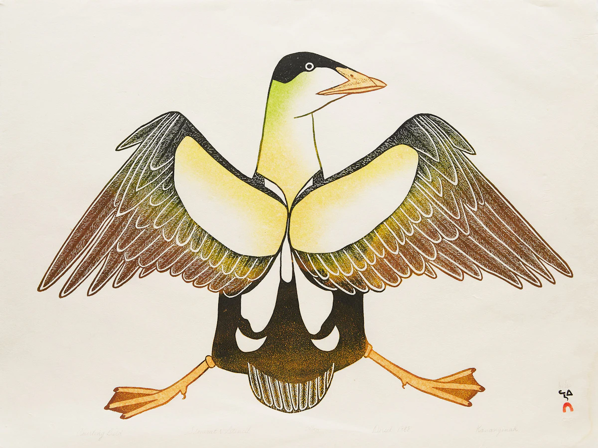 Kananginak Pootoogook, Courting Bird, stonecut and stencil, 1988