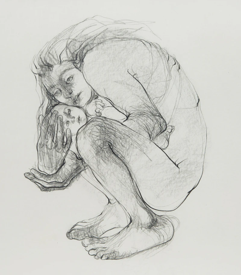 Claire Weissman Wilks, Mother Cradling Child, graphite drawing - view 1