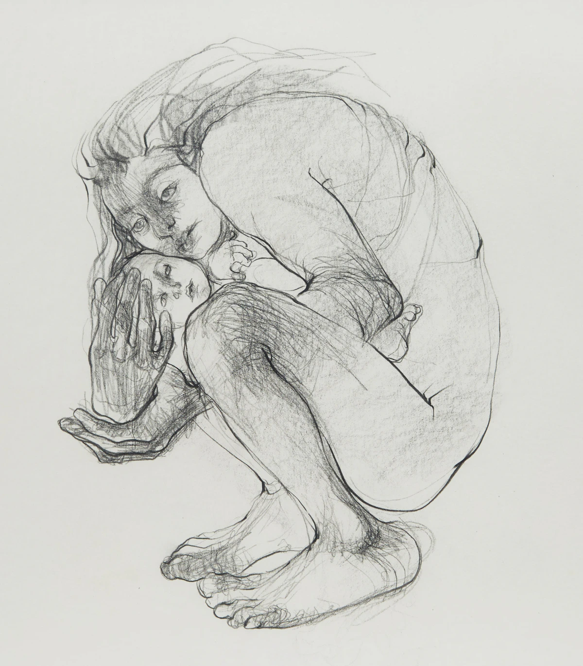 Claire Weissman Wilks, Mother Cradling Child, graphite drawing