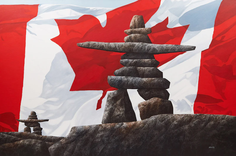 Inukshuk with Canadian Flag by Ken Kirkby