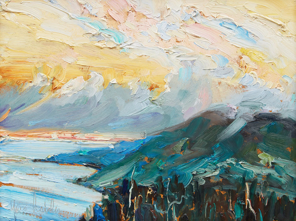 Yves Labelle, Shoreline Landscape at Sunset, oil on panel