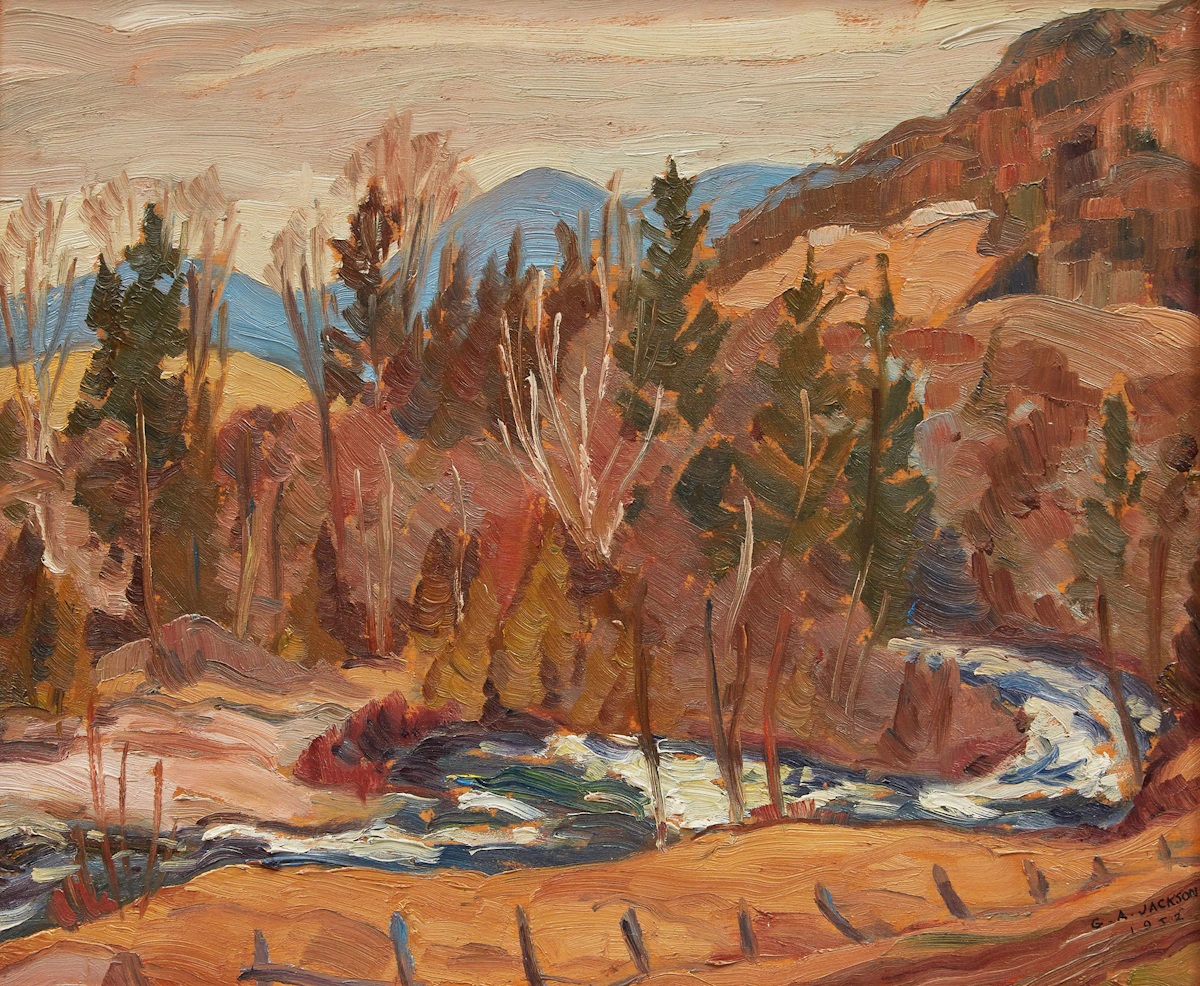 Geneva Adair Jackson, Simon River- From the Pension du cap St. Sauveur, Que, oil on board, 1952