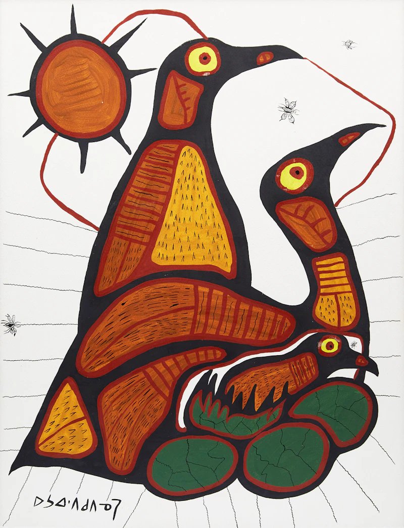 Norval Morrisseau, Loon Family, acrylic on paper, circa 1970 - view 1