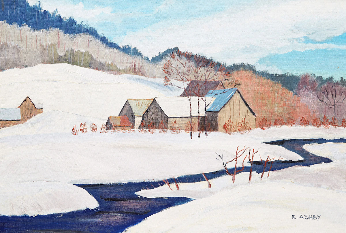 R Ashby, Winter Farm Scene, oil on canvas