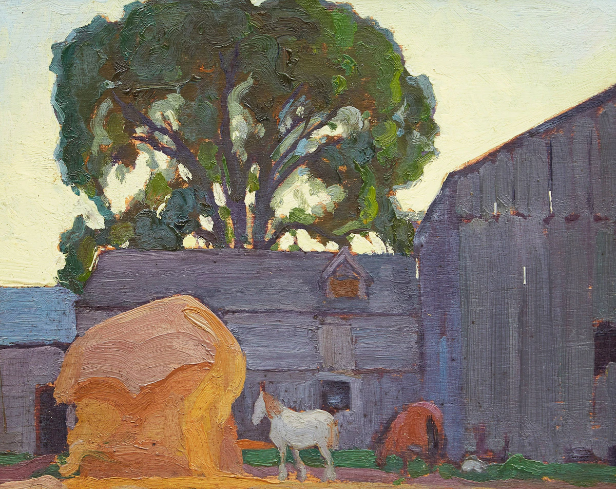 Frederick Stanley Haines, Untitled - Horses, Hay and Barn , oil on board, circa 1945
