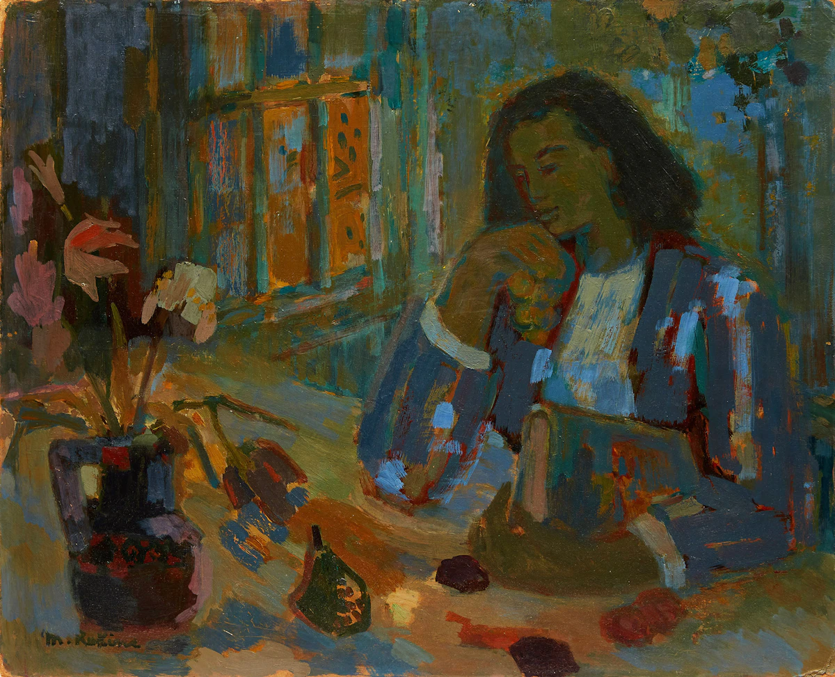 Marthe Rakine, Girl at the Table , oil on board, circa 1960