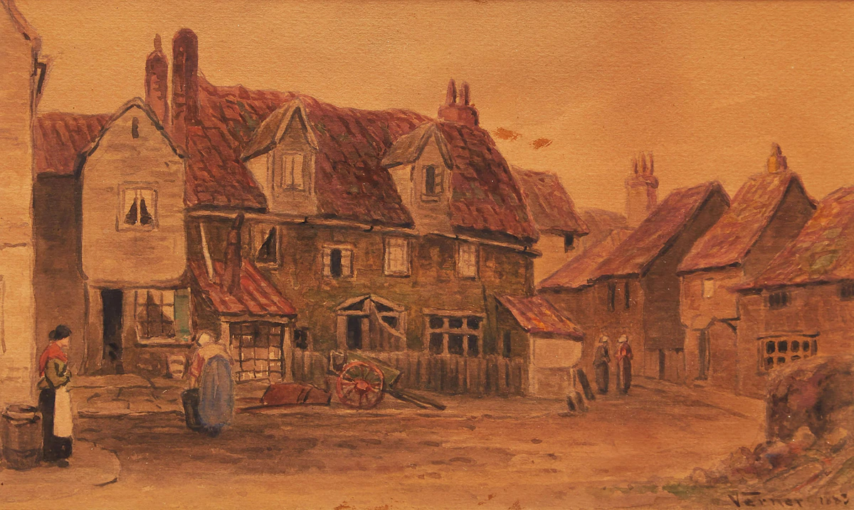 Frederick Arthur Verner, European Village Scene, watercolour, 1883