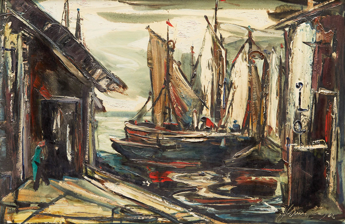 Joseph Giunta, Bateaux de peche, Atlantique, oil on masonite, 1966