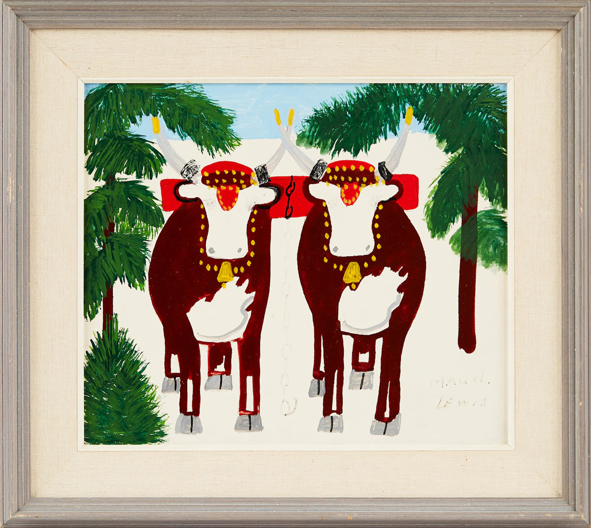 Maud Lewis, Pair of Oxen in Winter, mixed media on board