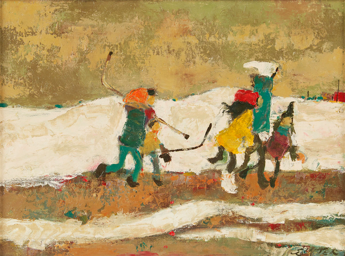 William Arthur Winter, Skating, oil on canvas board, 1981
