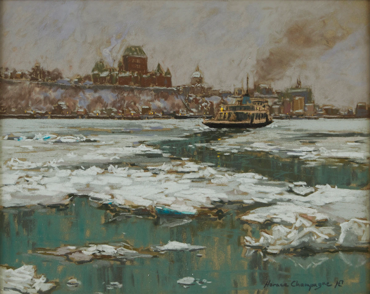 Horace Champagne, Winter Mist (Ferry Crossing to Quebec City from Levis), pastel, 1995