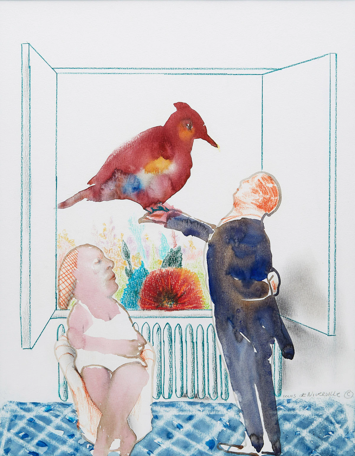 Louis de Niverville, Man and Bird, mixed media on paper