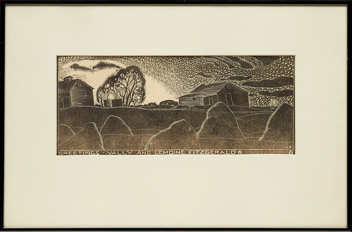 Lionel LeMoine FitzGerald, Greetings - Vally and Lemoine Fitzgerald, linocut