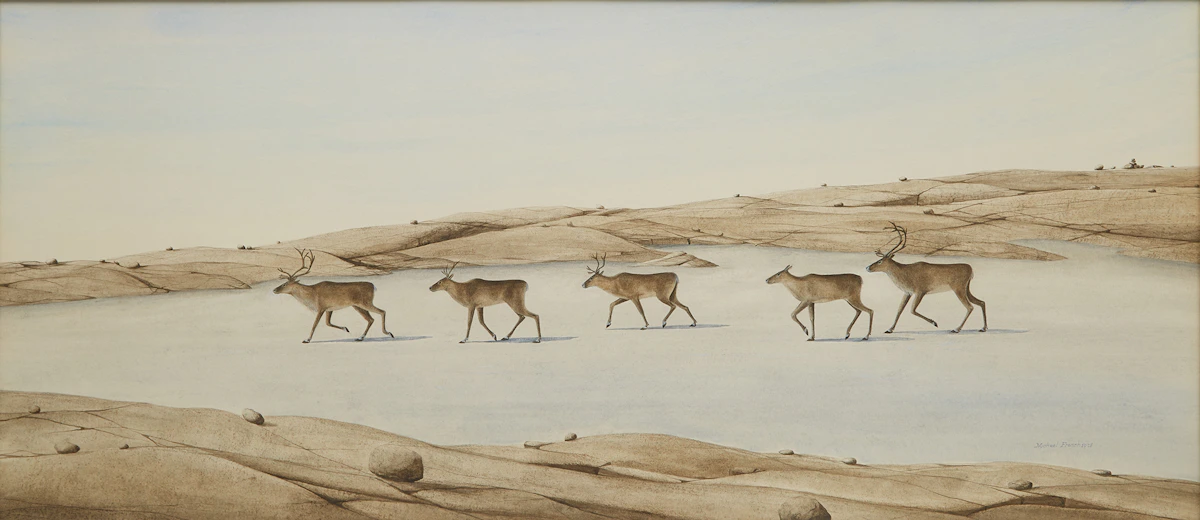 Michael French, Caribou Crossing Ice in the Fall, acrylic on paper, 1978