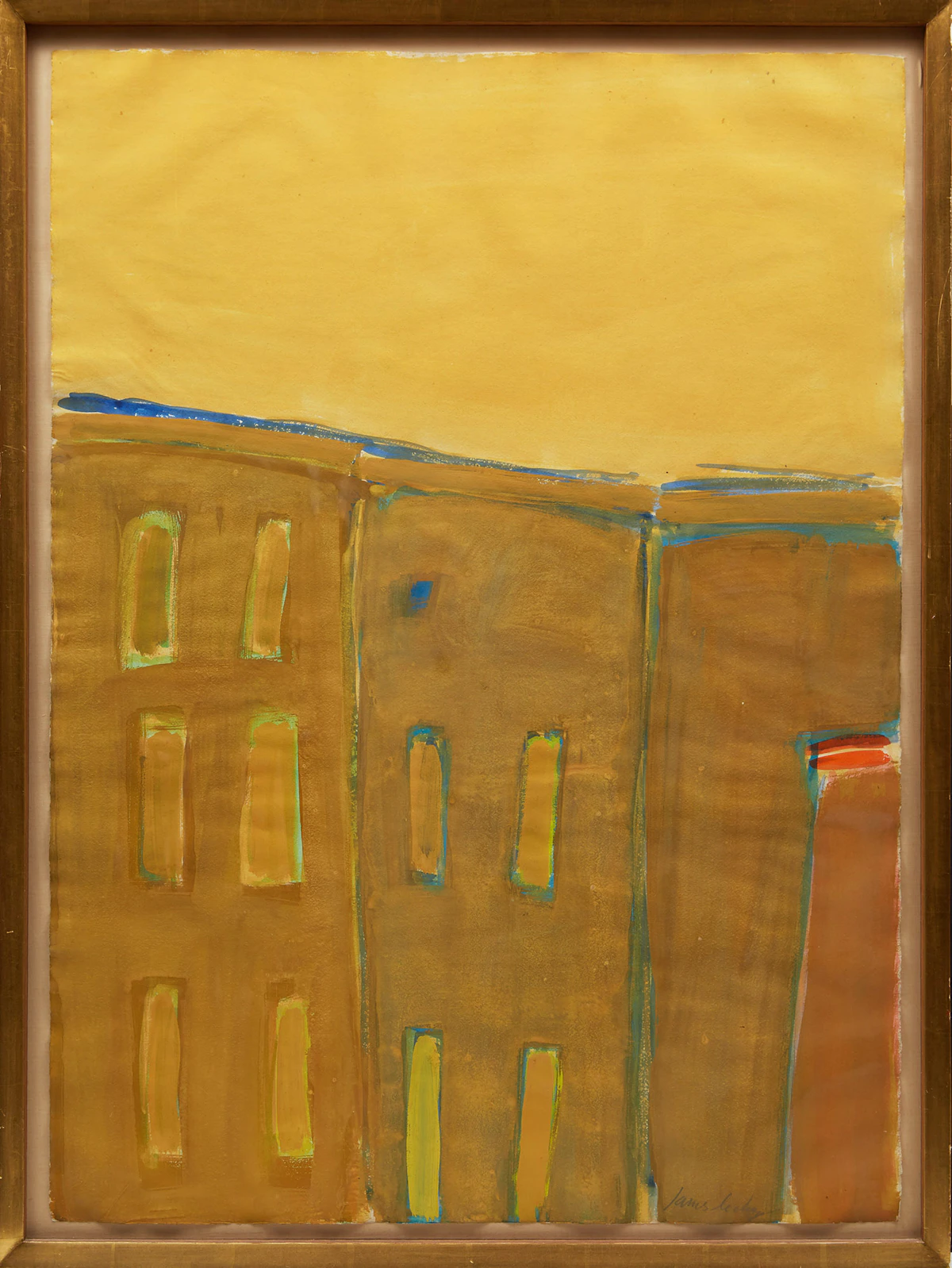 James Lechay, Three Buildings, Sky in Naples Yellow, gouache, 1972