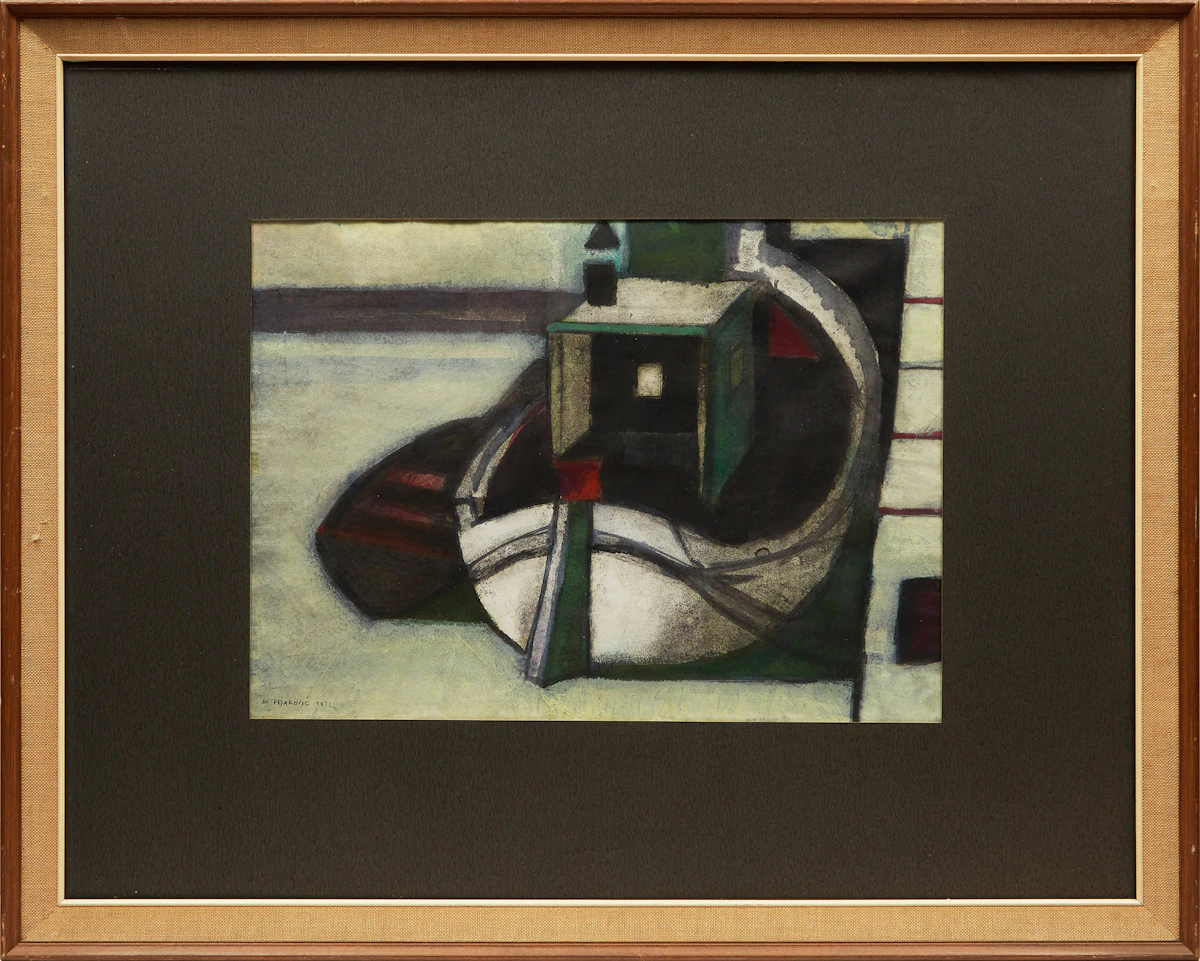 M Pejakovic, Docked Boat, gouache, 1972