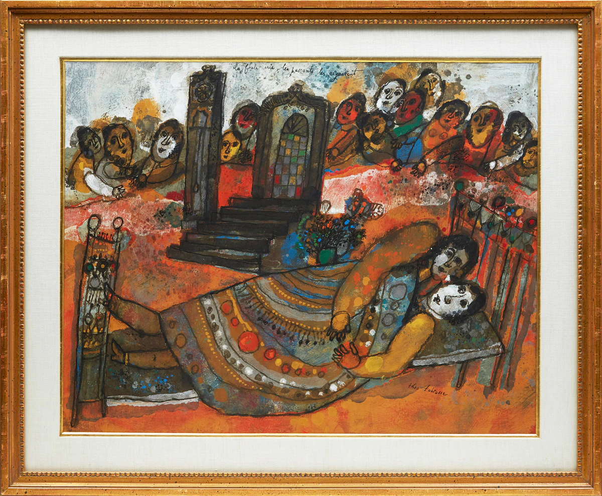 Théo Tobiasse, La foule crie, les passants les regardent, gouache on paper